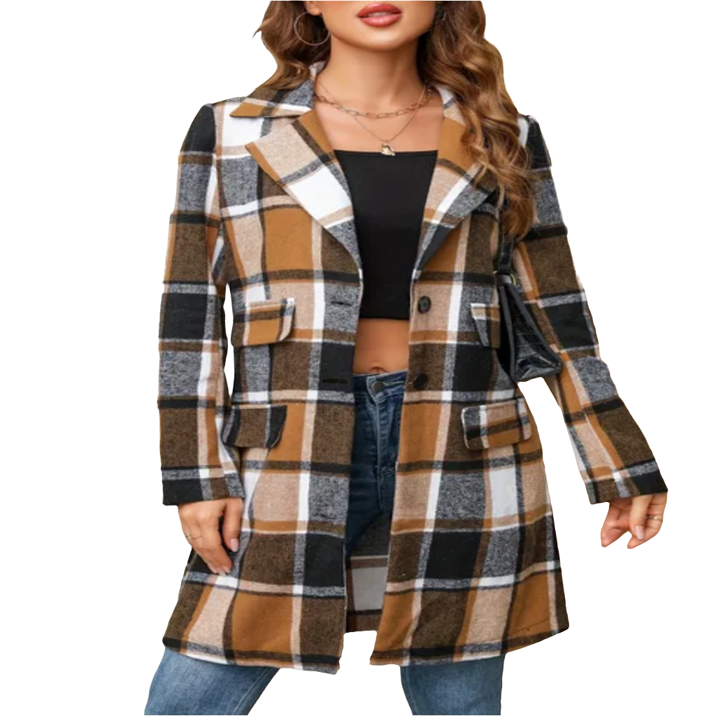 Jaqueta feminina de inverno xadrez com bolso na lapela 15