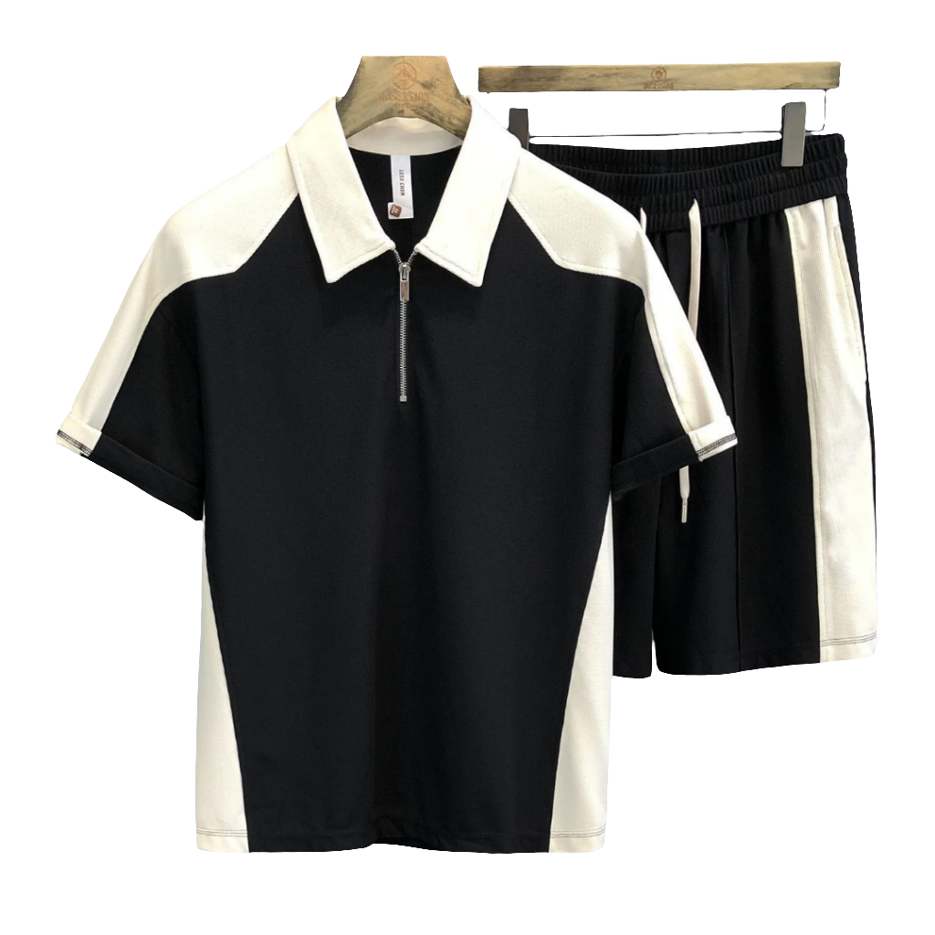 Men's Casual Sport Set — Zip-Up Polo Shirt + Waffle Shorts