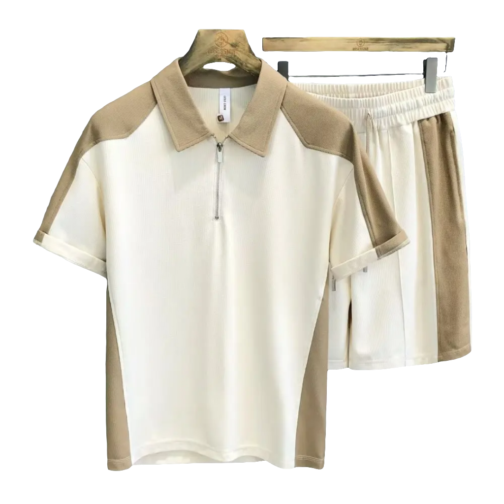 Men's Casual Sport Set — Zip-Up Polo Shirt + Waffle Shorts