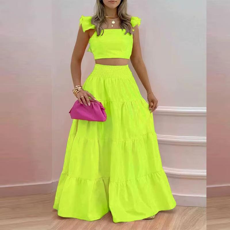 Women's Floral Pattern Shirred High Waist A Line Skirt Set