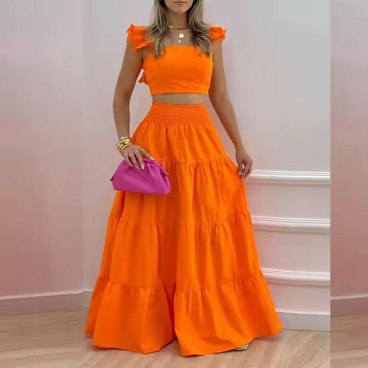 Women's Floral Pattern Shirred High Waist A Line Skirt Set