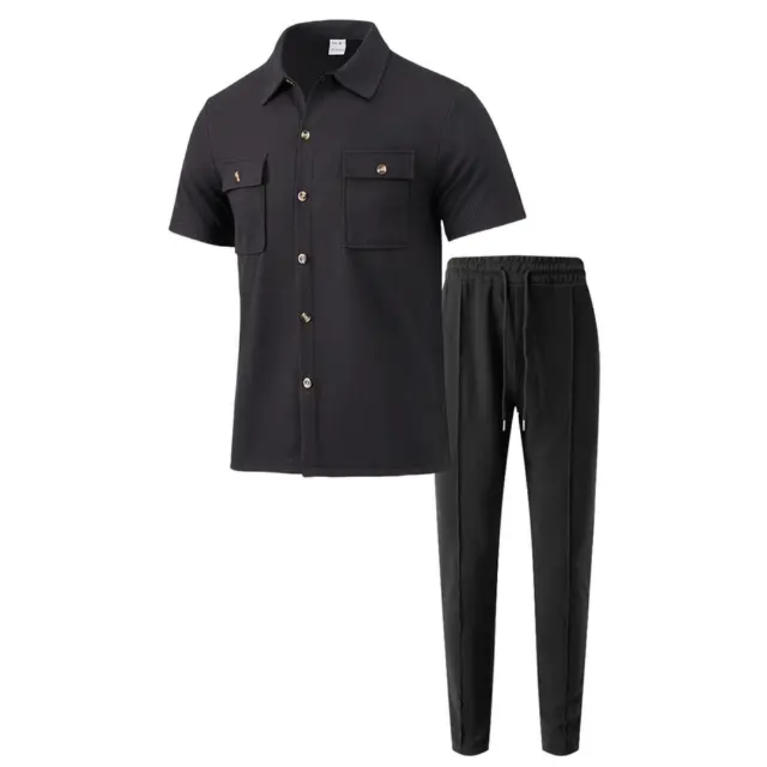 Men's Summer Set — Short Sleeve Button-Down Shirt + Pants with Pockets