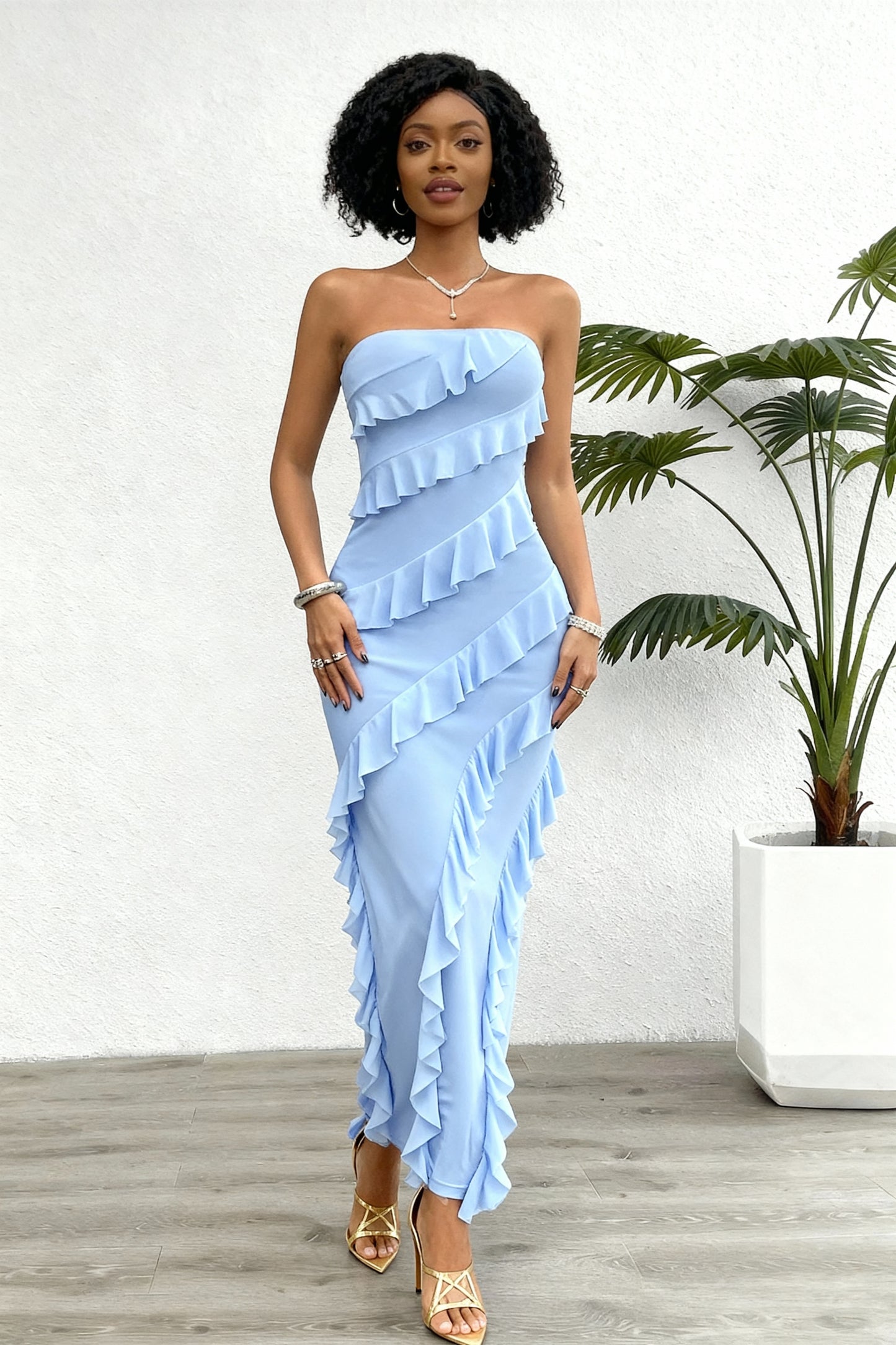 Vestido Longo com Bainha sem alças, Múltiplas Camadas, Estilo Folha de Lótus com Babados 147