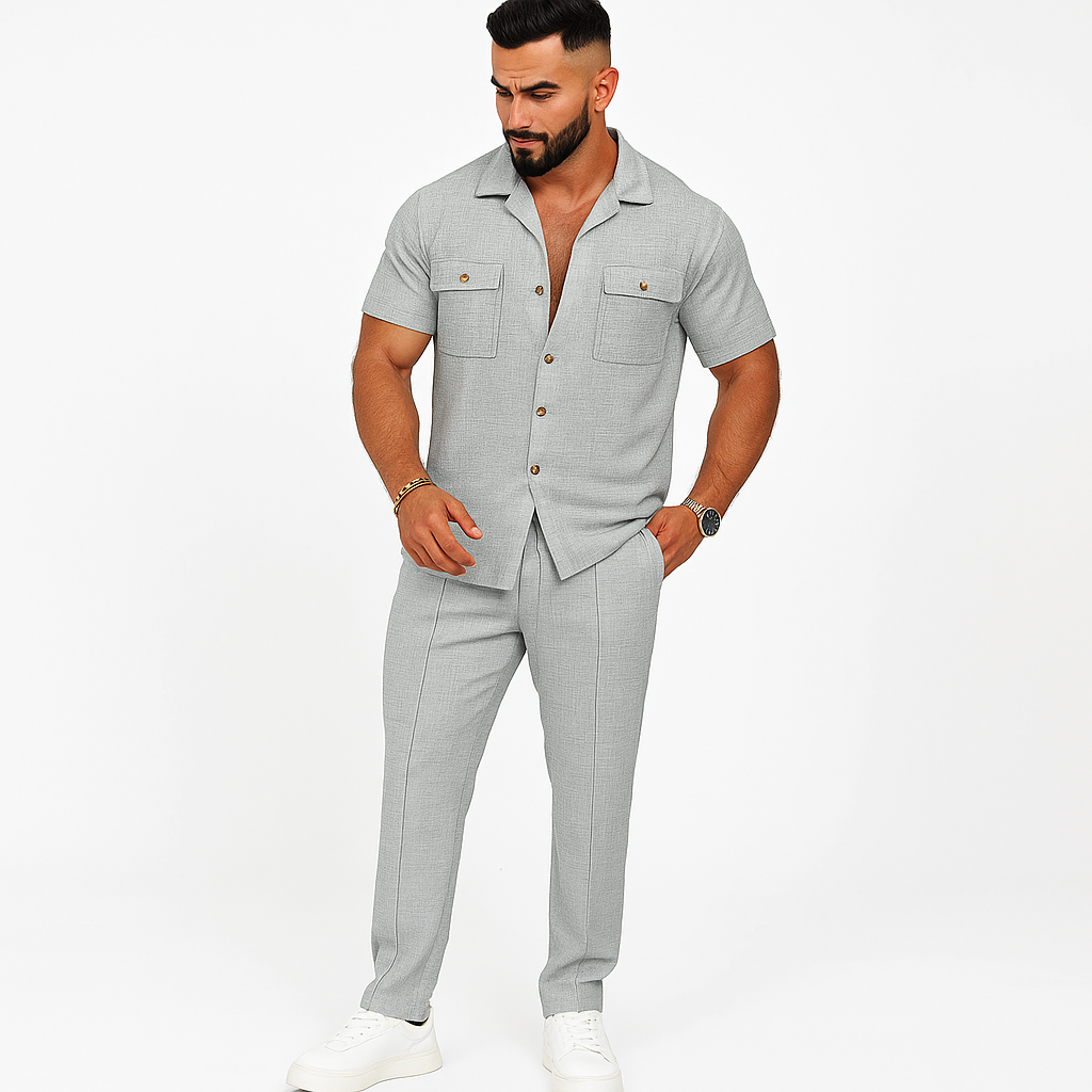 Men's Summer Set — Short Sleeve Button-Down Shirt + Pants with Pockets