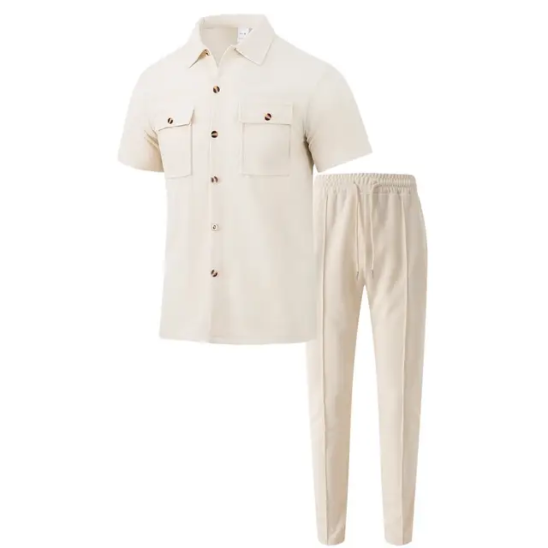 Men's Summer Set — Short Sleeve Button-Down Shirt + Pants with Pockets