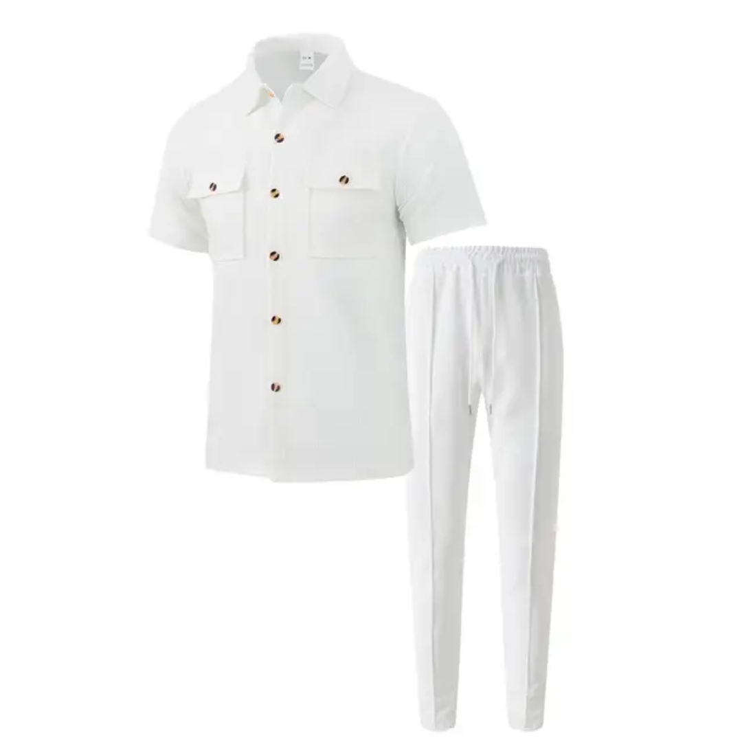 Men's Summer Set — Short Sleeve Button-Down Shirt + Pants with Pockets
