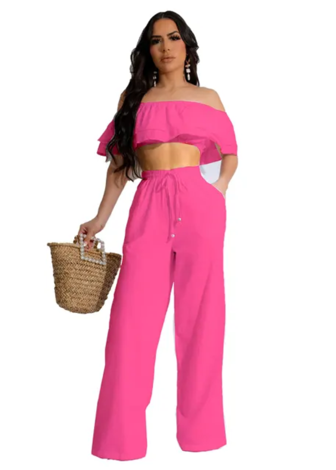 Casual two piece bow collar ruffled pants set