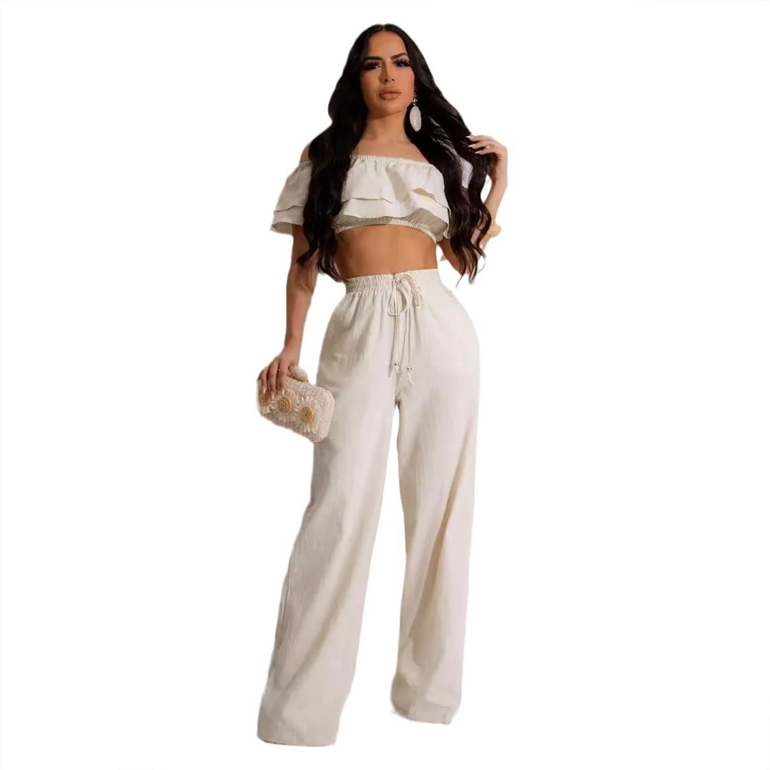 Casual two piece bow collar ruffled pants set