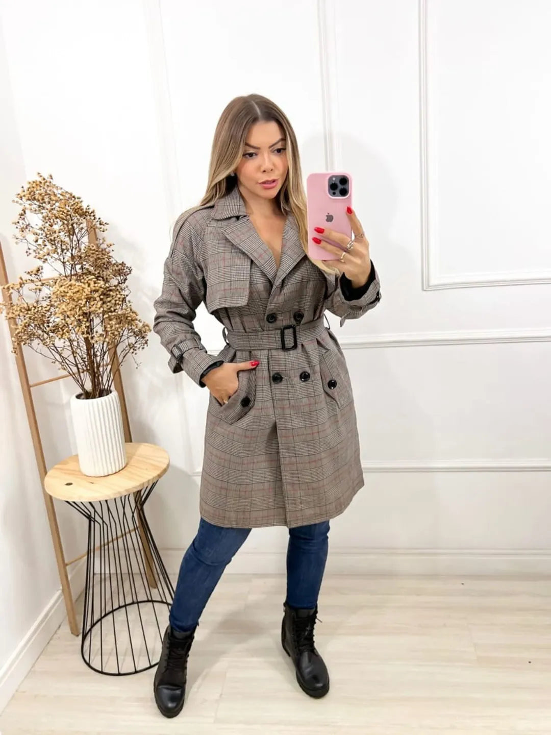 Sobretudo longo xadrez com alças para mulheres 227