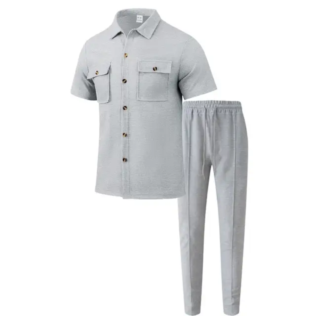 Men's Summer Set — Short Sleeve Button-Down Shirt + Pants with Pockets