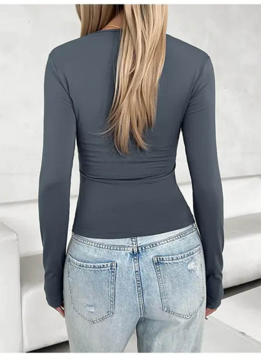 Camiseta Slim Fit de Manga Longa com Decote em V de Cor Sólida Casual 167