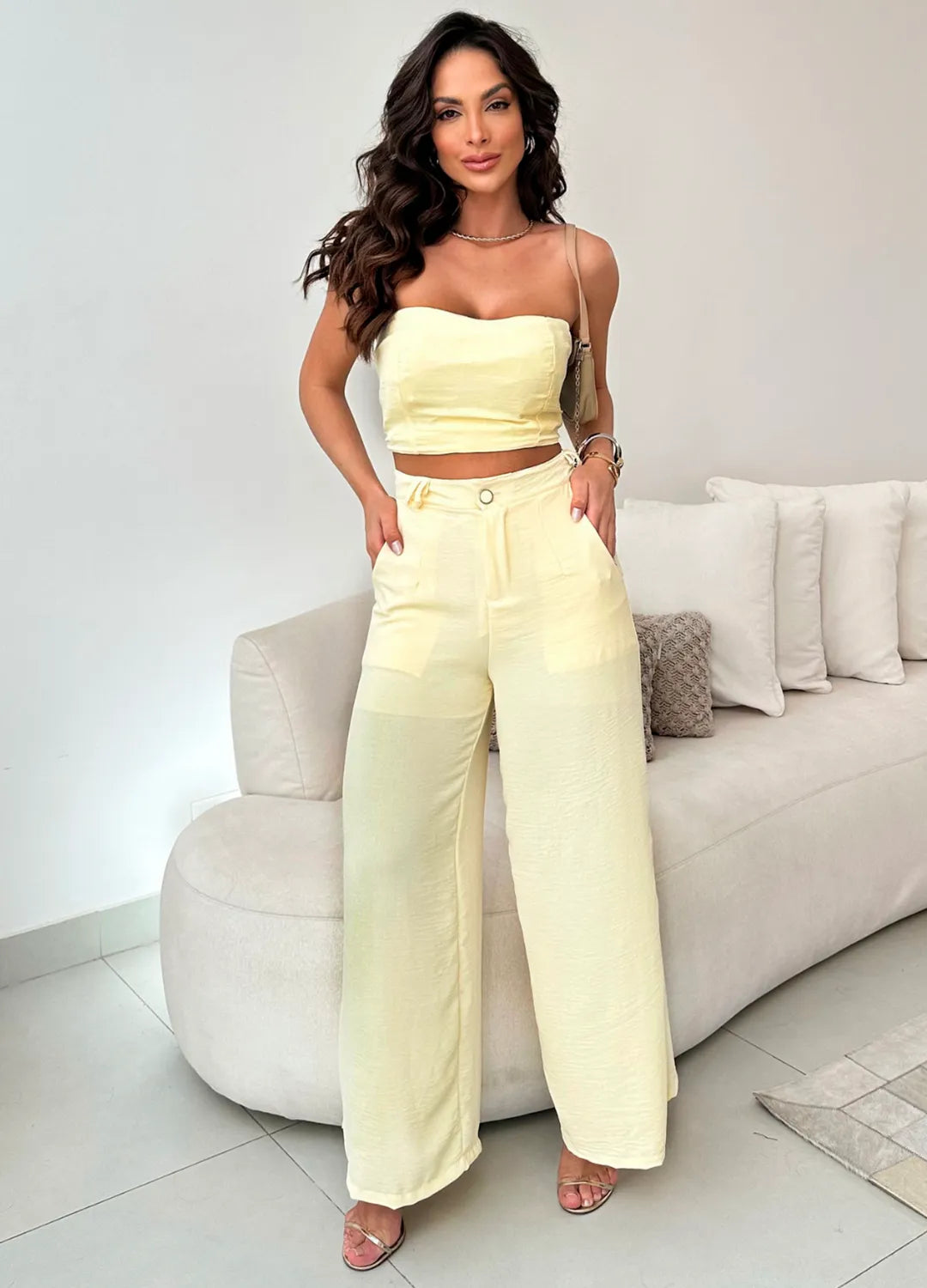 Conjunto Feminino Casual Elegante Calça Pantalona Cintura Alta e Cropped Duna 244