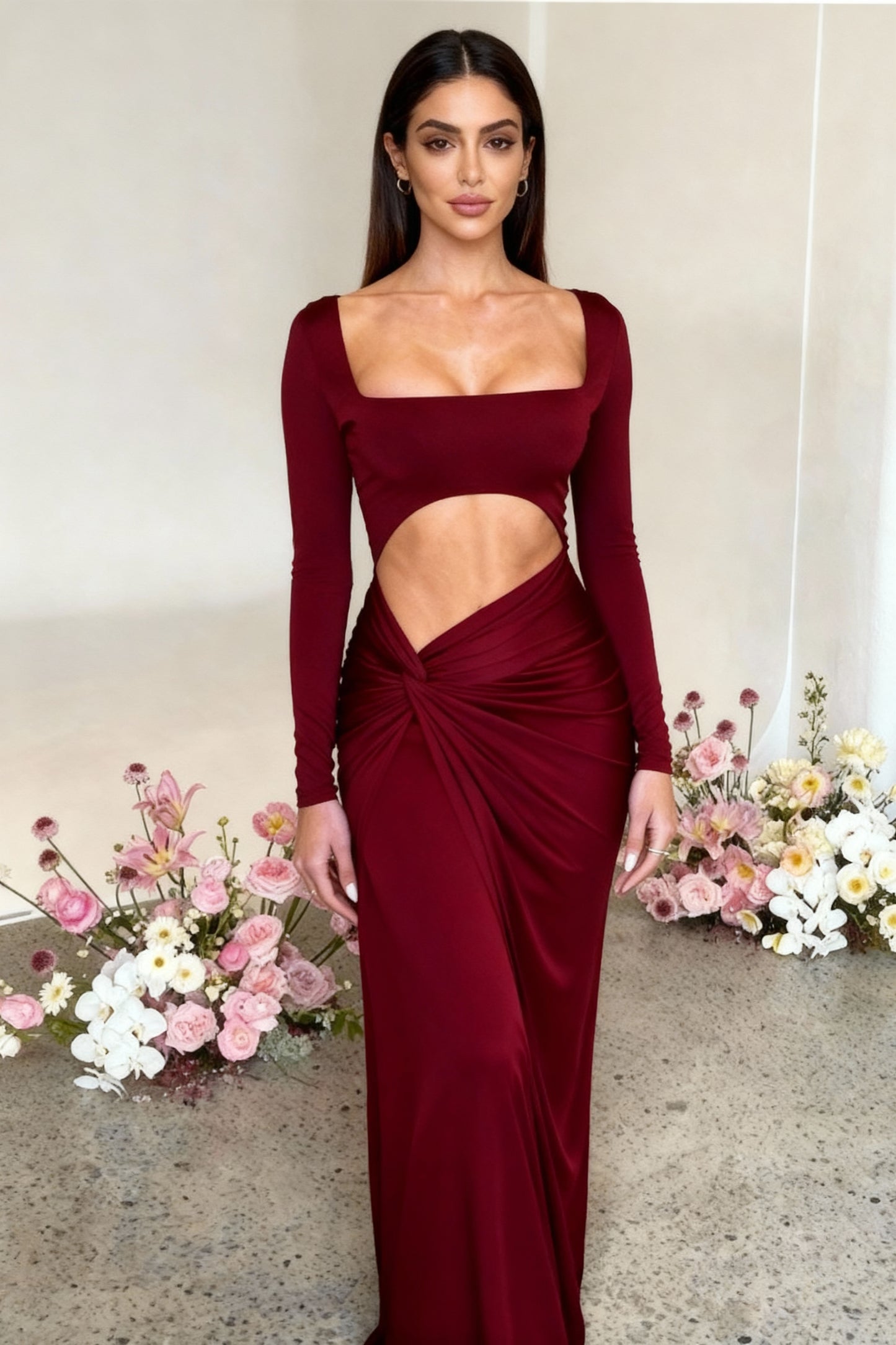 Vestido Longo Feminino com Decote Canoa, Detalhe Torcido na Frente e Fenda na Coxa 107