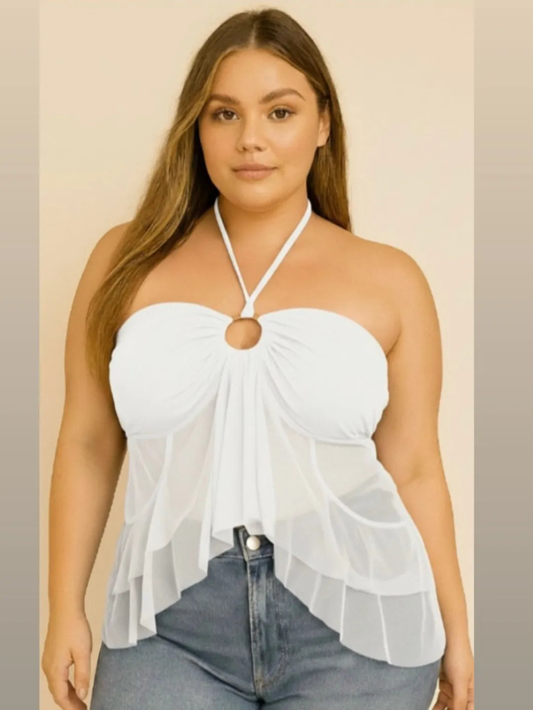 Blusa Plus Size em Tule com Bojo – Frente Única, Charmosa e Estilosa Simples Assimétrico Nó Costas nuas / sem costas 263