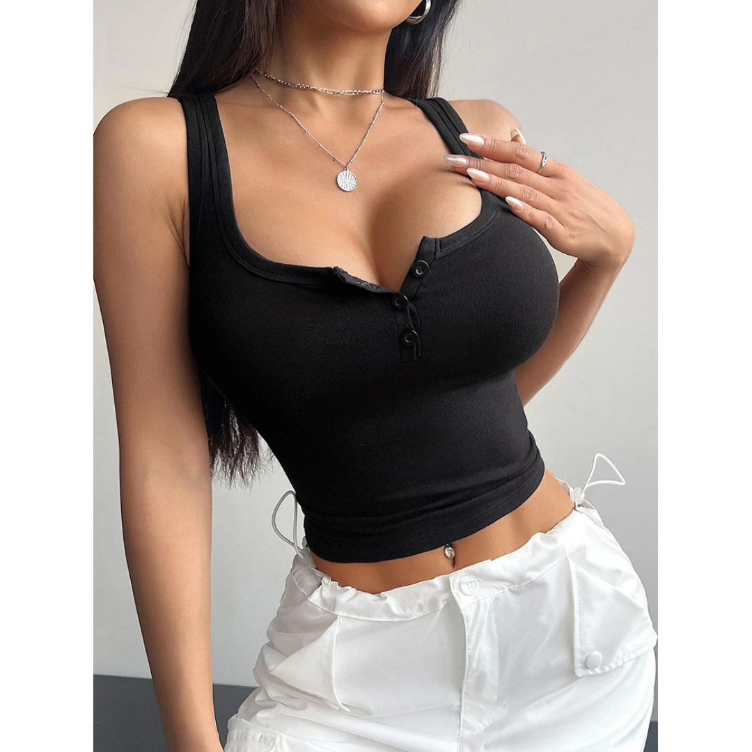 Regata Feminina de Verão na Cor Sólida com Botões e Decote Meio Placket 160