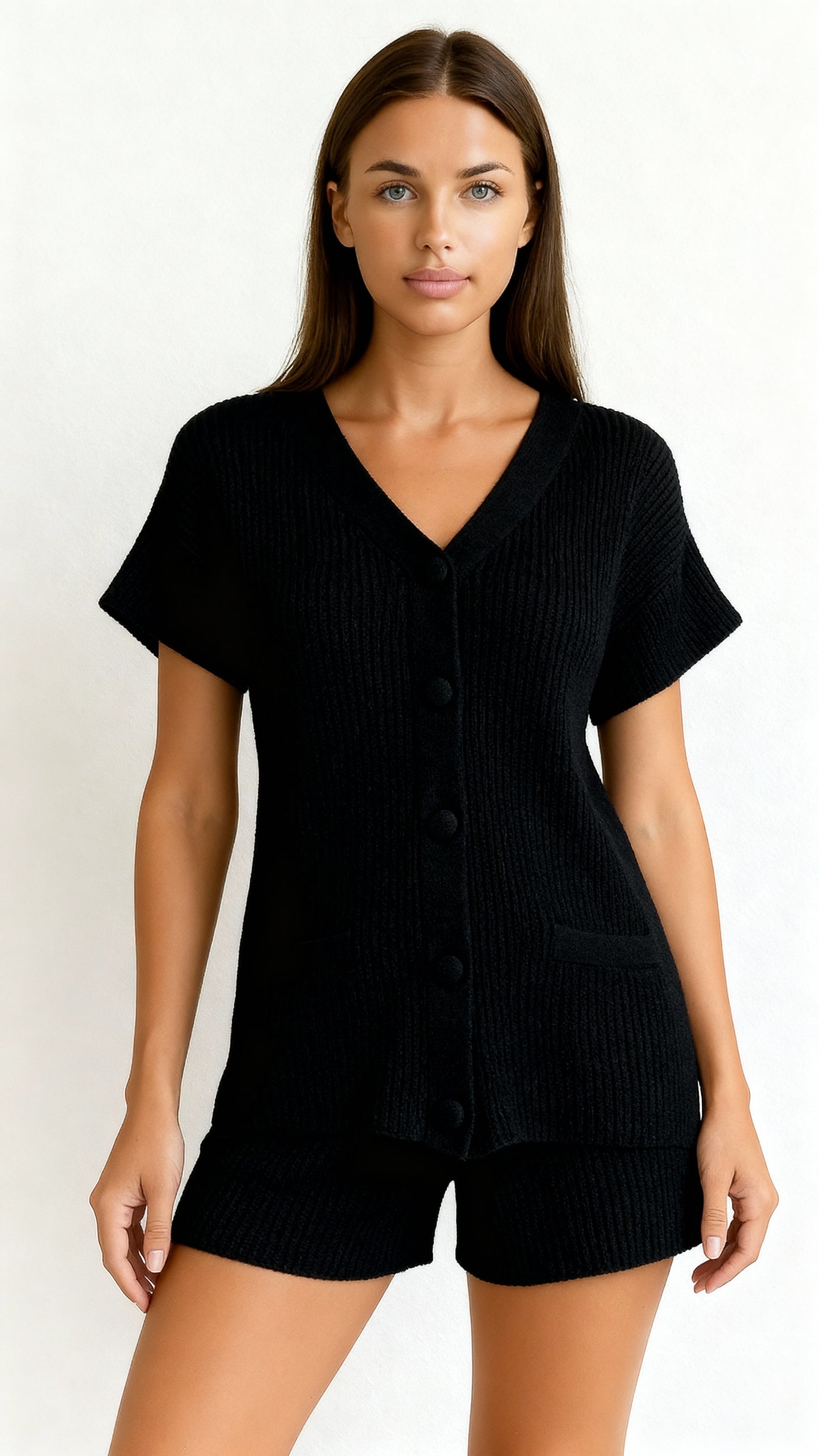 Conjunto de shorts feminino casual de 2 peças com botões e decote em V 24