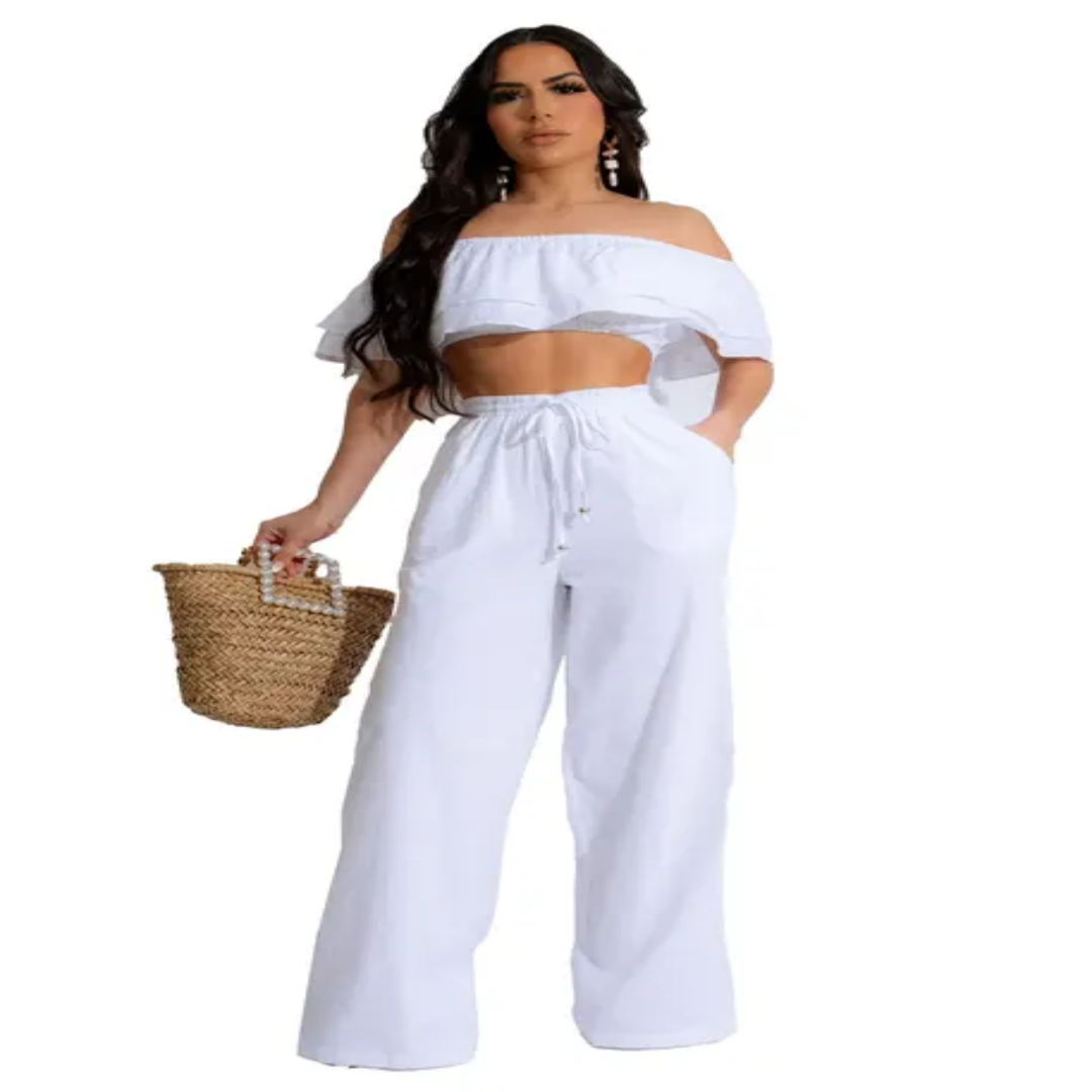 Casual two piece bow collar ruffled pants set