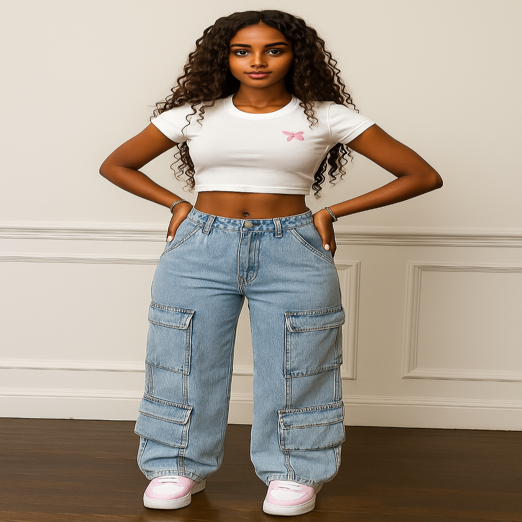 Calça jeans feminina larga, cintura alta, perna larga e bolsos 28