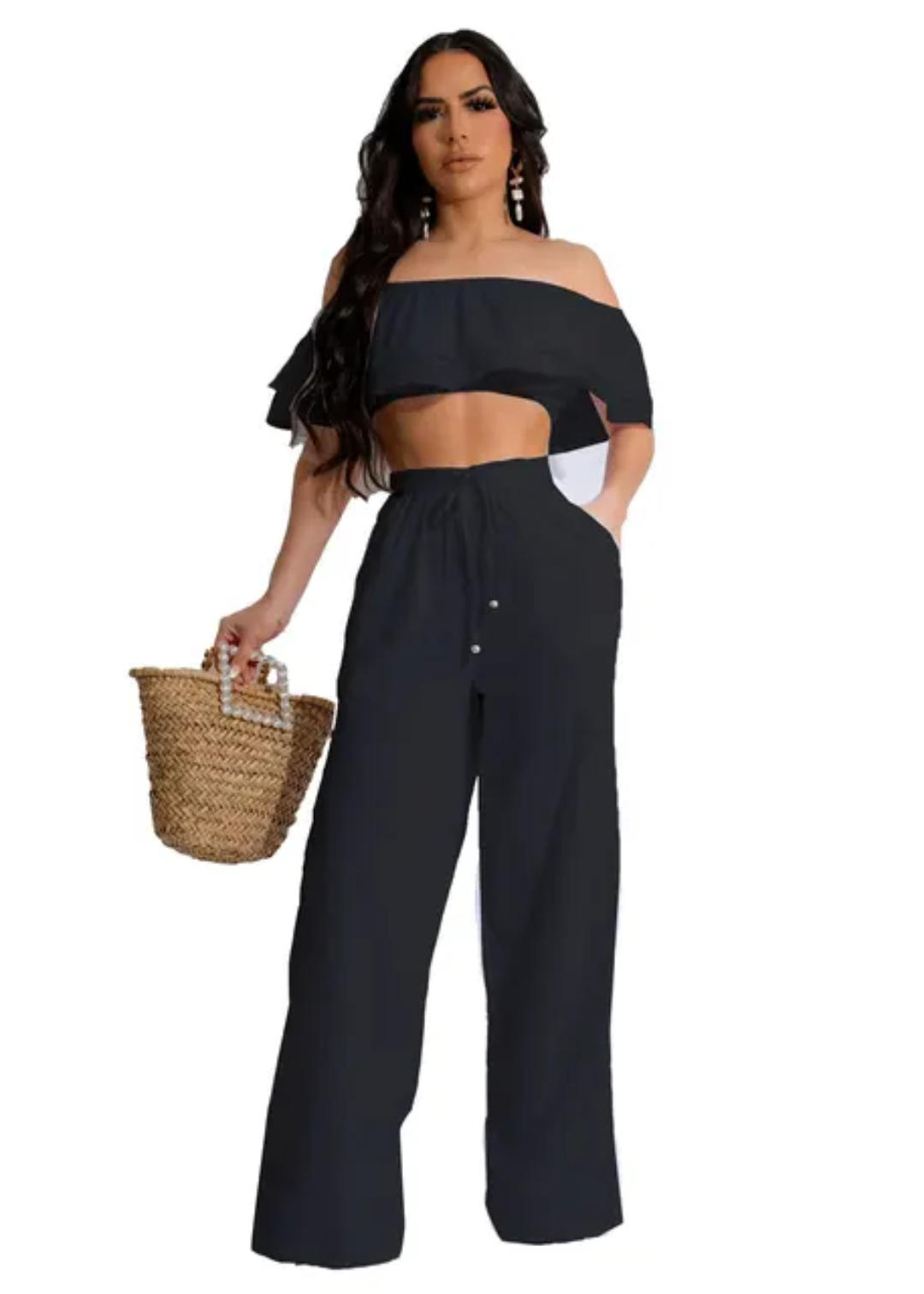Casual two piece bow collar ruffled pants set