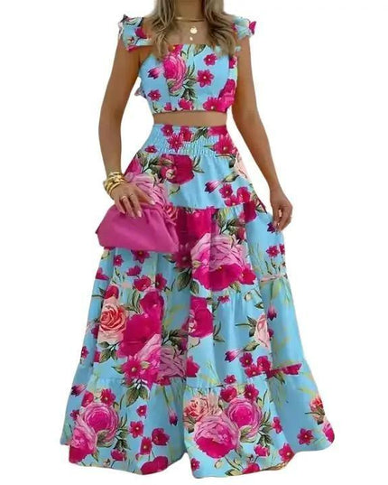 Women's Floral Pattern Shirred High Waist A Line Skirt Set
