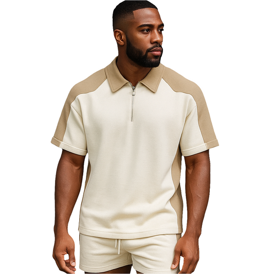 Men's Casual Sport Set — Zip-Up Polo Shirt + Waffle Shorts