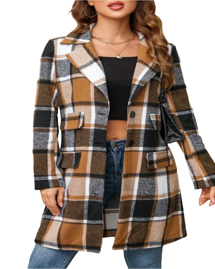 Jaqueta feminina de inverno xadrez com bolso na lapela 15