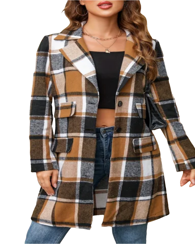 Jaqueta feminina de inverno xadrez com bolso na lapela 15