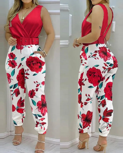 V-neck High Waist Backless Printed Jumpsuit Women Summer Jumpsuits With Belt