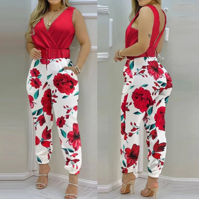 V-neck High Waist Backless Printed Jumpsuit Women Summer Jumpsuits With Belt
