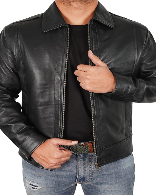 Men's Y2K Bold Black Leather Jacket - Cropped Utility Style