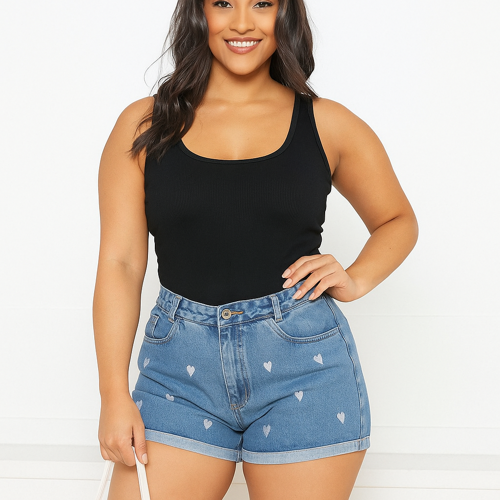 Women's Short Denim Shorts with Heart Print