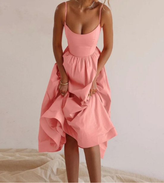 Vestido Midi Fluido com Cintura Franzida, Decote em U, Sem Mangas 112