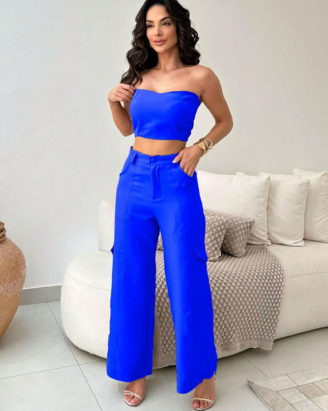 Conjunto Feminino Alfaiataria Casual Elegante Calça Cargo e Top 322