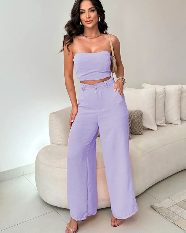 Conjunto Feminino Casual Elegante Calça Pantalona Cintura Alta e Cropped Duna 244