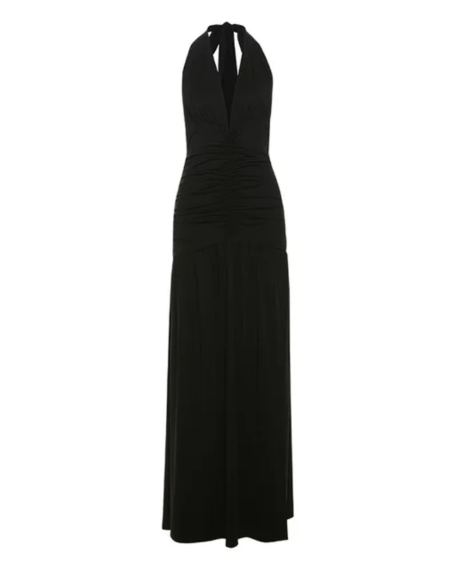 Vestido Longo Elegante de Decote em V com Halter, Vestido com Fenda Sexy, Pregueado e Costas Abertas 302