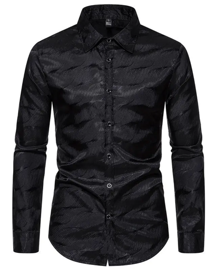 Homem Meia-Noite Camisa Masculina de Manga Longa com Gola Alta Jacquard, Ajuste Solto, Outono, Formal 591