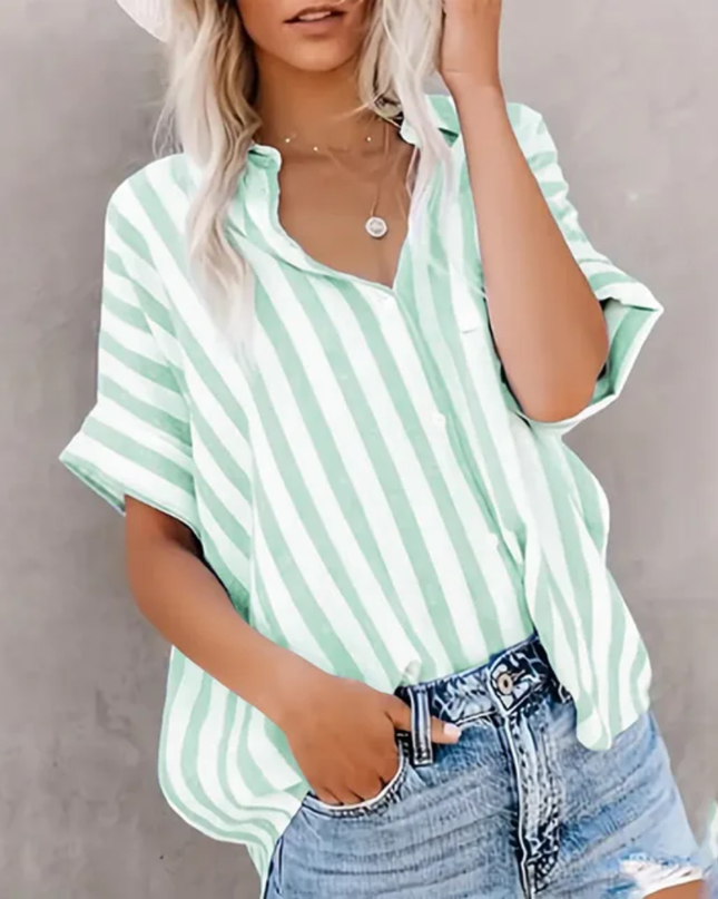 Blusa casual soltaabaloe com mangas tipo morcego, de manga curta e listrada, de abotoamento único 120