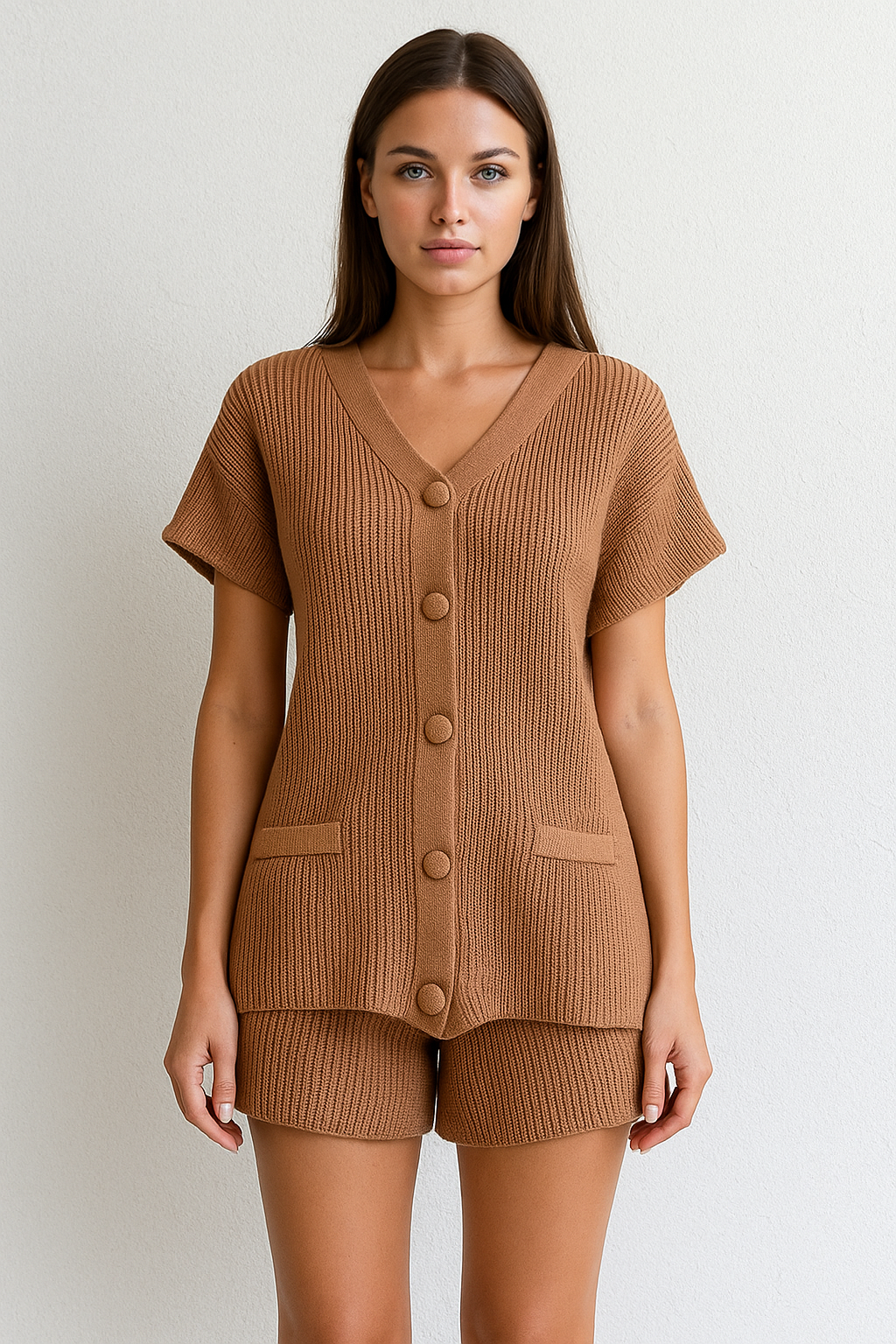 Conjunto de shorts feminino casual de 2 peças com botões e decote em V 24