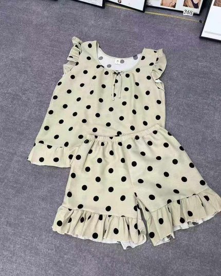 Conjunto de pijama feminino casual folgado com estampa de bolinhas, ideal para o verão, estilo retrô e confortável 614