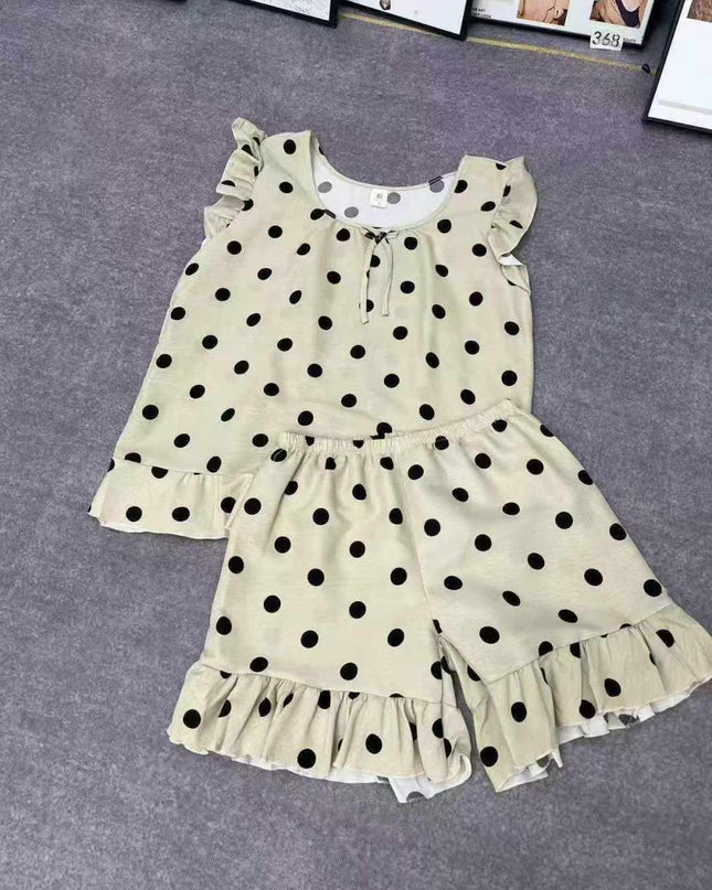 Conjunto de pijama feminino casual folgado com estampa de bolinhas, ideal para o verão, estilo retrô e confortável 614