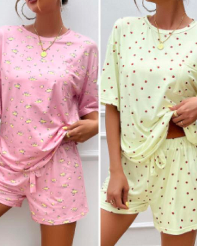 2 Peças Conjunto de Pijama Feminino com Estampa Floral Miúda de Manga Curta 175