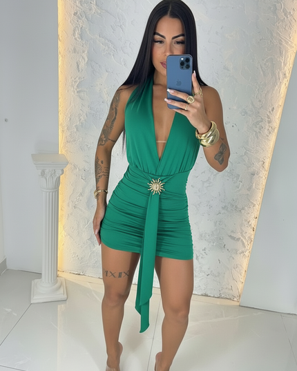 Vestido Solari Curto, Drapeado. Costas Nua, Frente Única 448