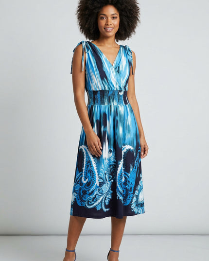 Vestido midi feminino de verão, solto, com decote em V transpassado, estampa abstrata, sem mangas e amarração nas costas 615