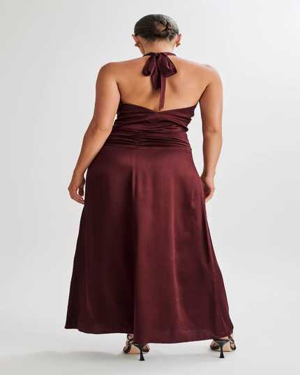 Satin halter neck top ruched long skirt set