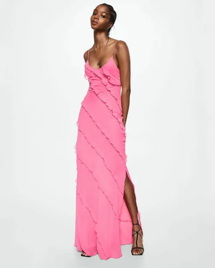 Vestido Vermelho para Mulheres com Babado na Barra, Ajustado, de Cor Sólida Tecida 213