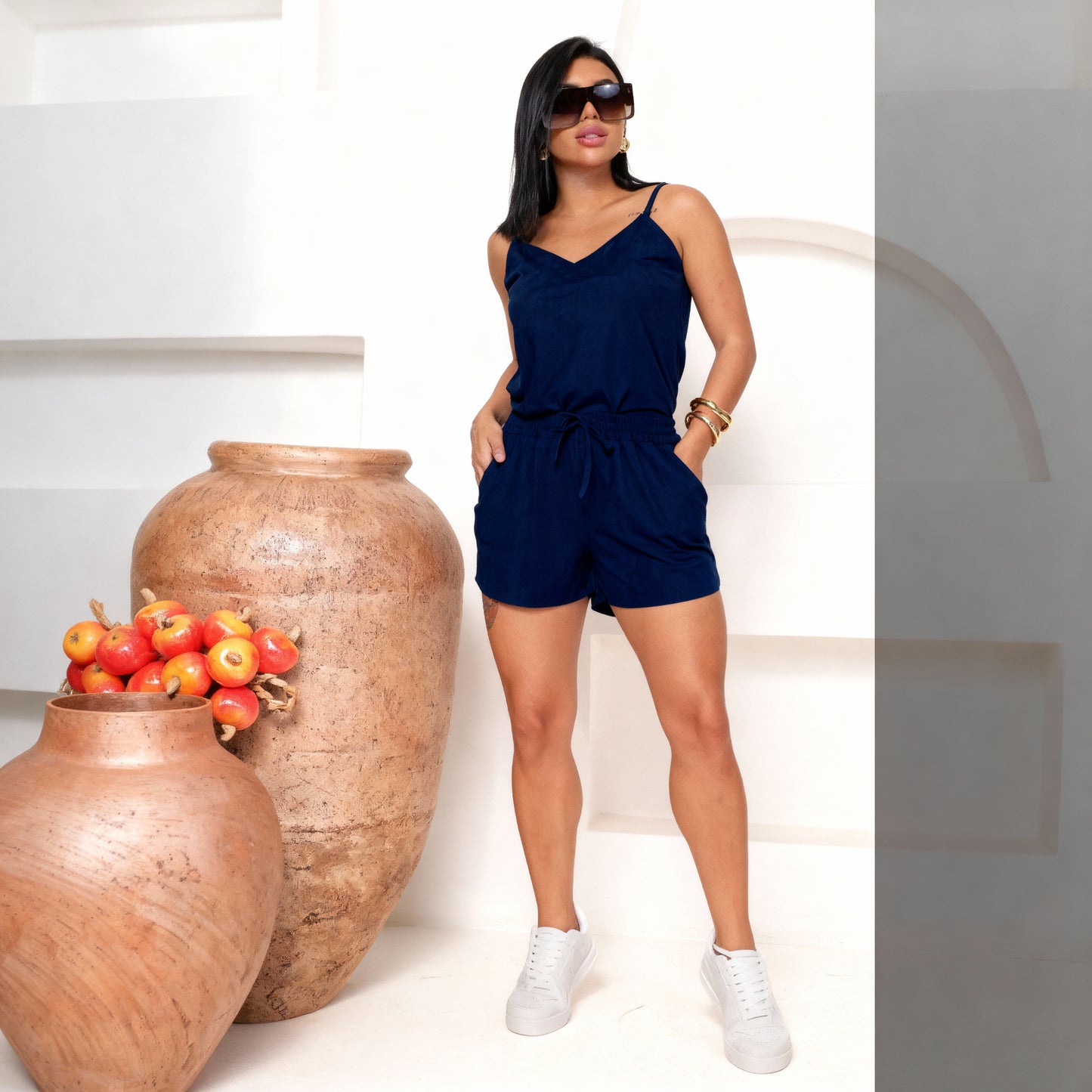 Conjunto Feminino Confortável Short Curto Com Bolso E Blusa De Alça fina 242