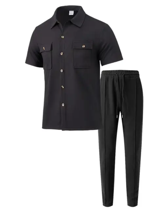 Conjunto Masculino Verão — Camisa Manga Curta com Botões + Calça com Bolsos