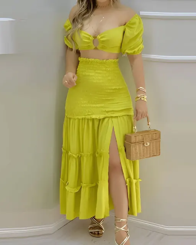 2 peças/Conjunto Top Regata de Textura de Verão para Mulheres com Laço Nas Costas e Saia 309