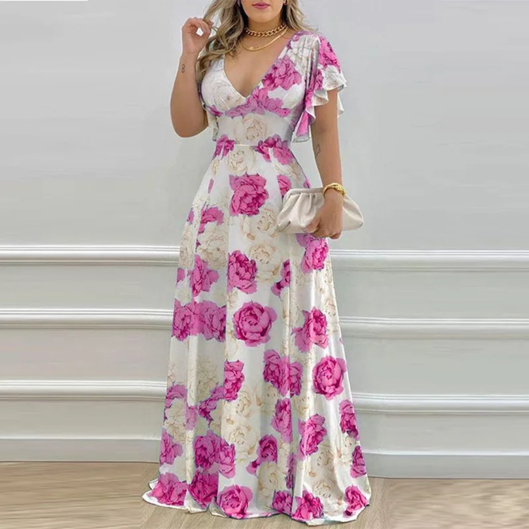 Vestido Longo Floral com Babados e Decote em V para Mulheres, Primavera e Verão. 218