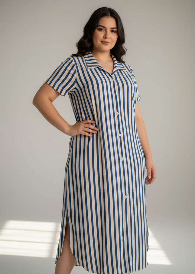 Vestido Camisa Casual Diário Elegante de Verão com Listras e Abotoamento Único para Mulheres Plus Size 532